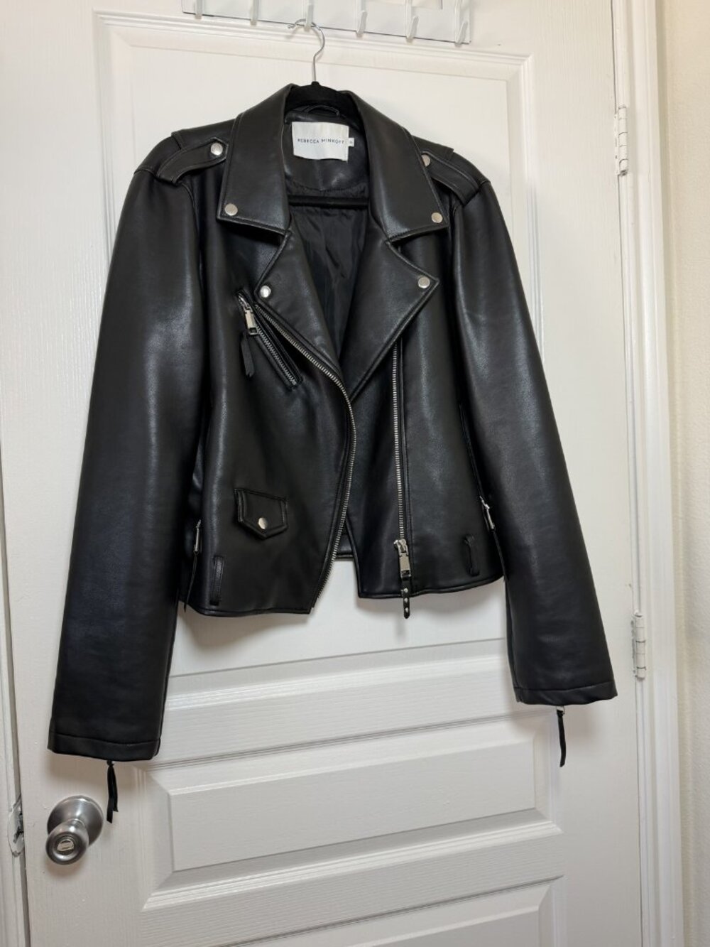 Rebecca Minkoff Faux Leather Moto Biker Jacket Black Silver Zip XL